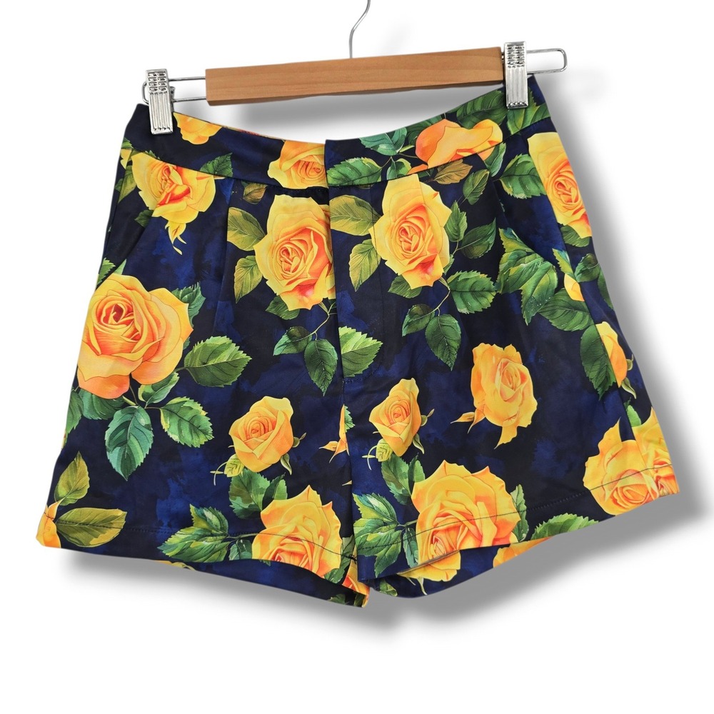 Akira Womens High Waisted Floral Yellow Rose Shorts Navy Blue Multi Size Small